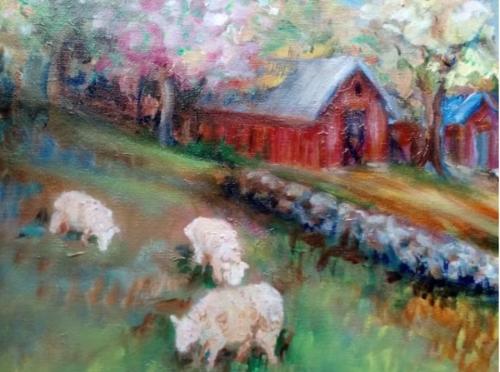 Sheep and Red Barn, M. Field