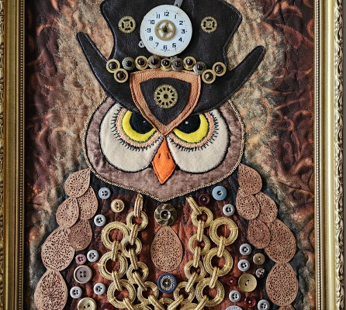 C.A. Pearson, Steam Punk Owl, mixed media fiber collage