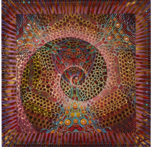 N. Rossi, Xylem Spiral, digital collage with rhinestones on aluminum.