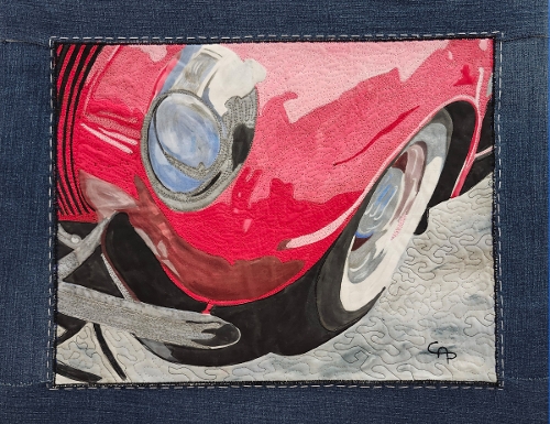 C.A. Pearson, Vintage Red Car, art quilt on canvas.
