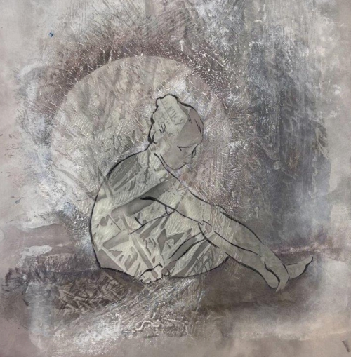 Jeanne Sisson, Moon's Quiet Turning, silk organza, cotton & metallic thread, on quilted background.